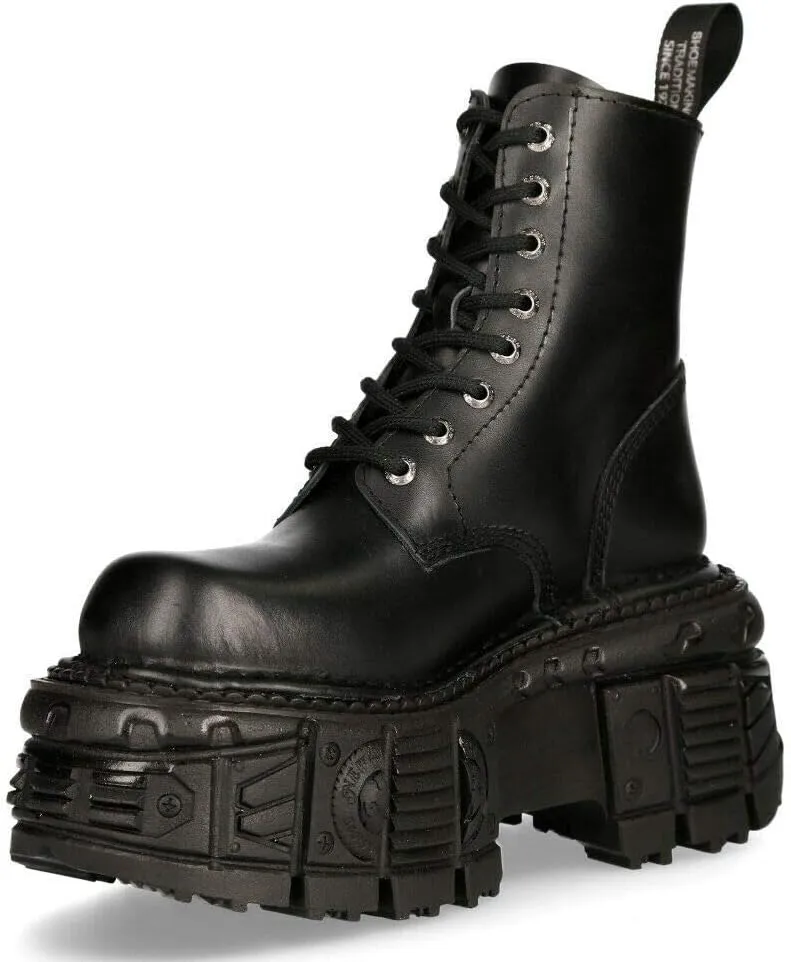 New Rock Boots M-MILI084N-S5 Men's Metallic Black 100% Leather Techno Platform Military Laces Fastening