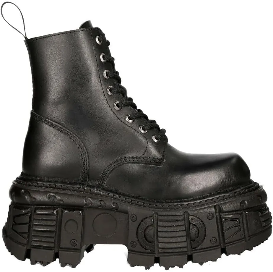 New Rock Boots M-MILI084N-S5 Men's Metallic Black 100% Leather Techno Platform Military Laces Fastening
