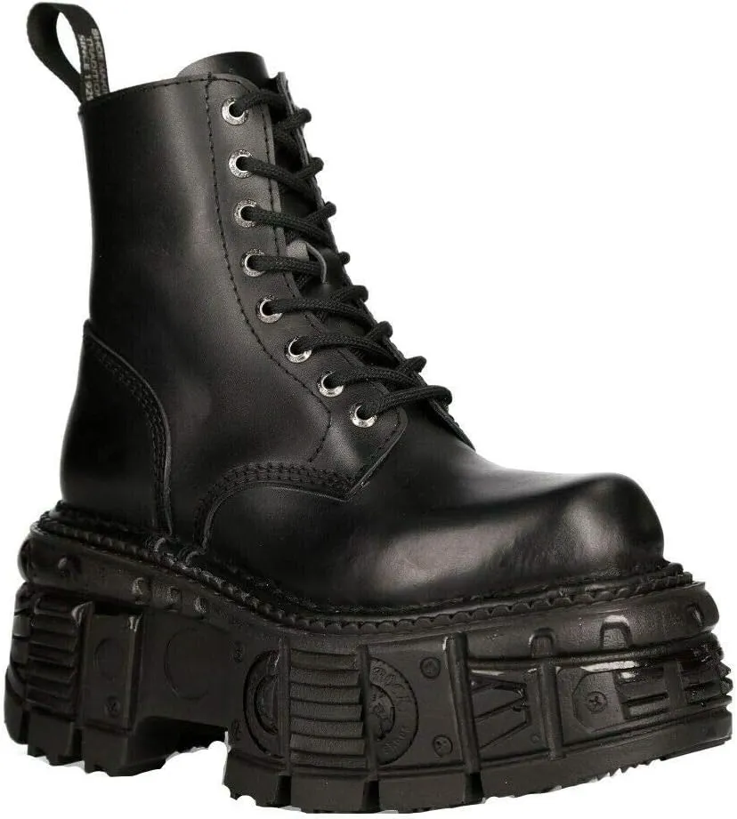 New Rock Boots M-MILI084N-S5 Men's Metallic Black 100% Leather Techno Platform Military Laces Fastening