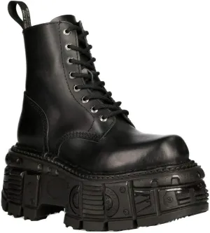 New Rock Boots M-MILI084N-S5 Men's Metallic Black 100% Leather Techno Platform Military Laces Fastening