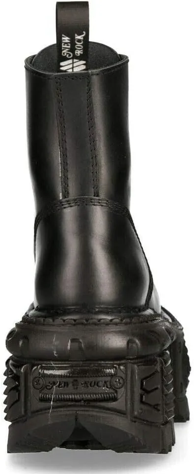 New Rock Boots M-MILI084N-S5 Men's Metallic Black 100% Leather Techno Platform Military Laces Fastening
