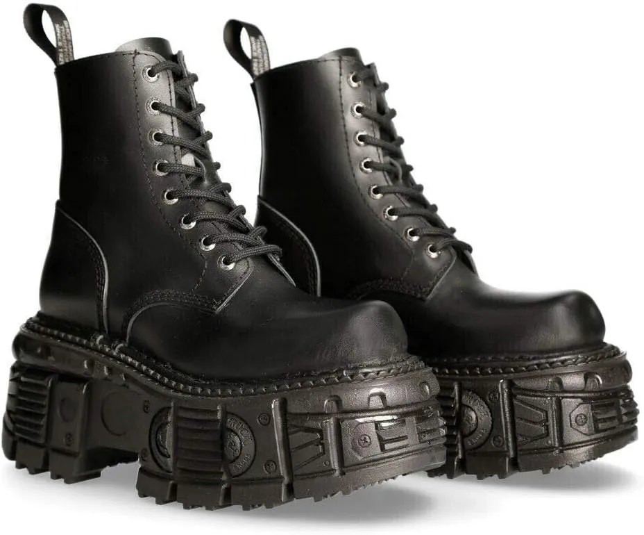 New Rock Boots M-MILI084N-S5 Men's Metallic Black 100% Leather Techno Platform Military Laces Fastening