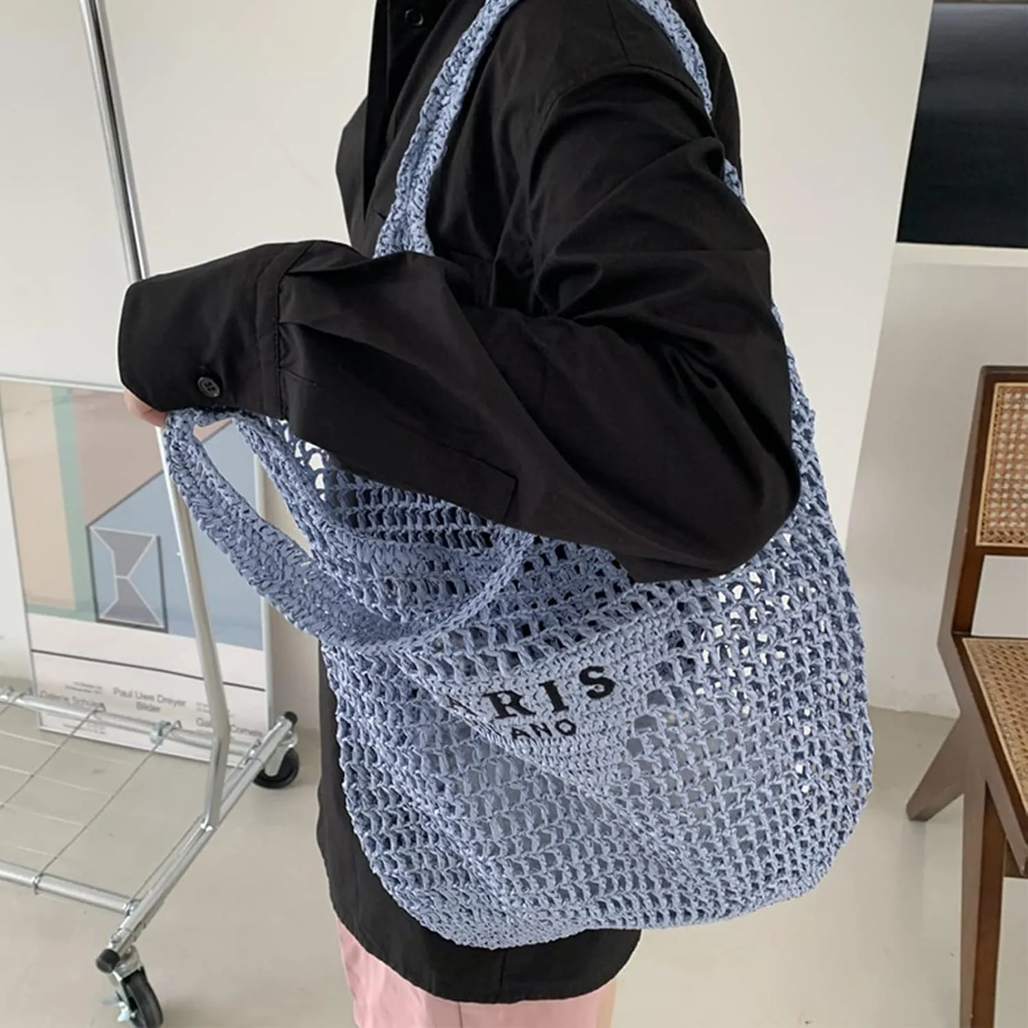 New Woven Bag, Straw Mesh Tote Bag, Beach, Shoulder Bag, Hobo Women, Foldable Large Capacity, for Holiday.