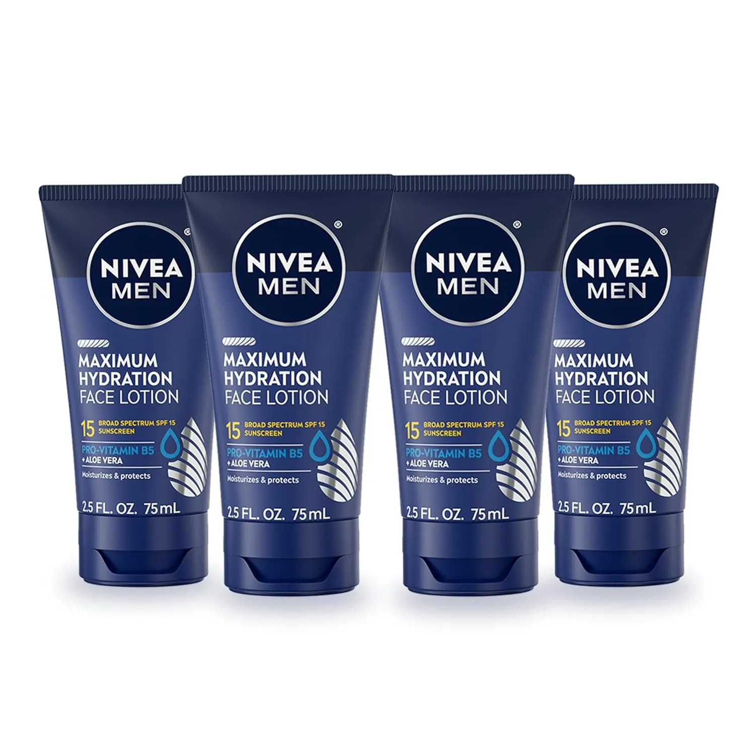 NIVEA MEN Maximum Hydration Face Lotion, Face Lotion with Broad Spectrum SPF 15 Sunscreen for Men, 4 Pack of 2.5 Fl Oz Tubes