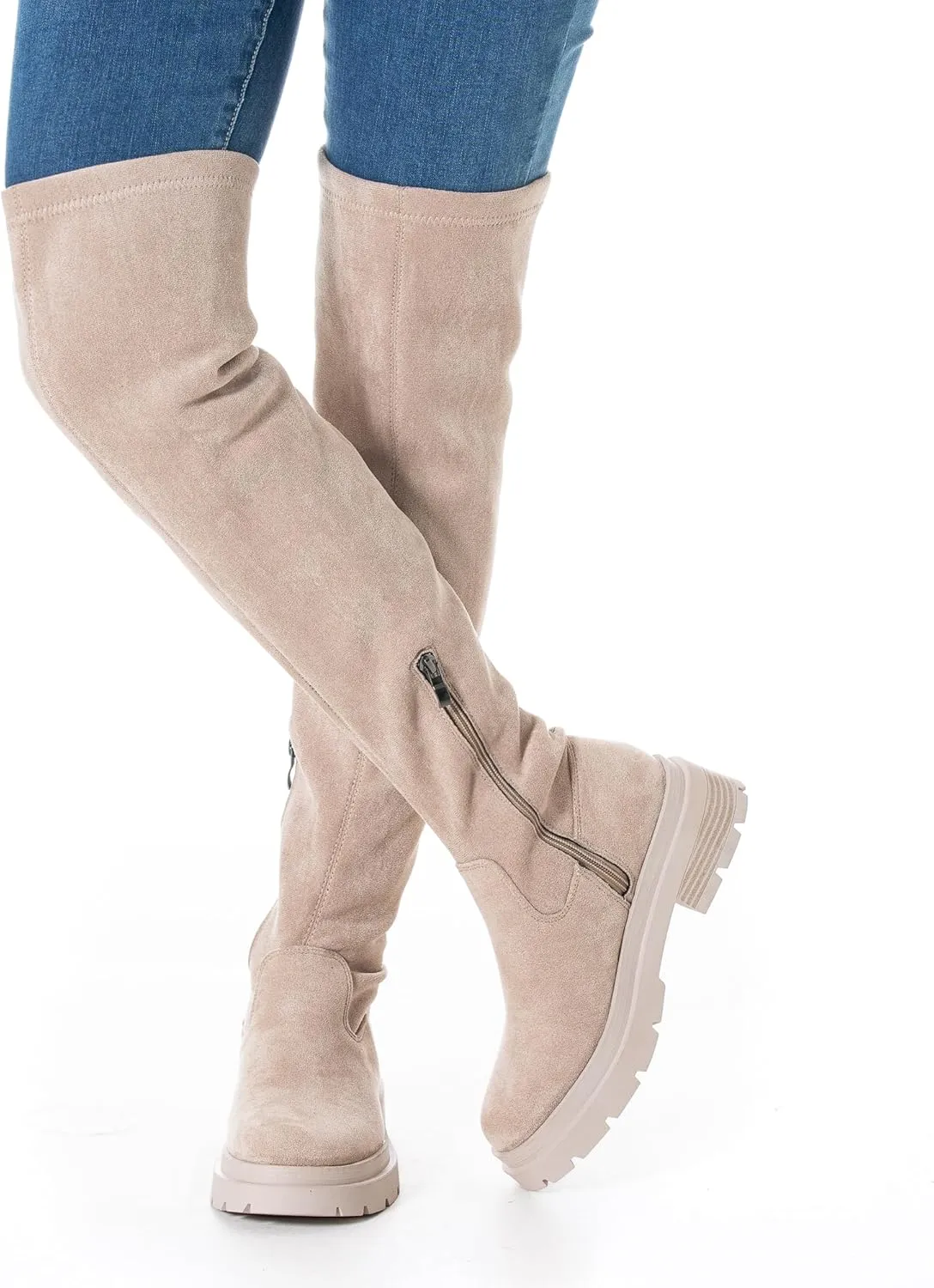 N.N.G Women Over the Knee Boots Low Heel Winter Block Suede Thigh High Chunky OTK Long Comfort