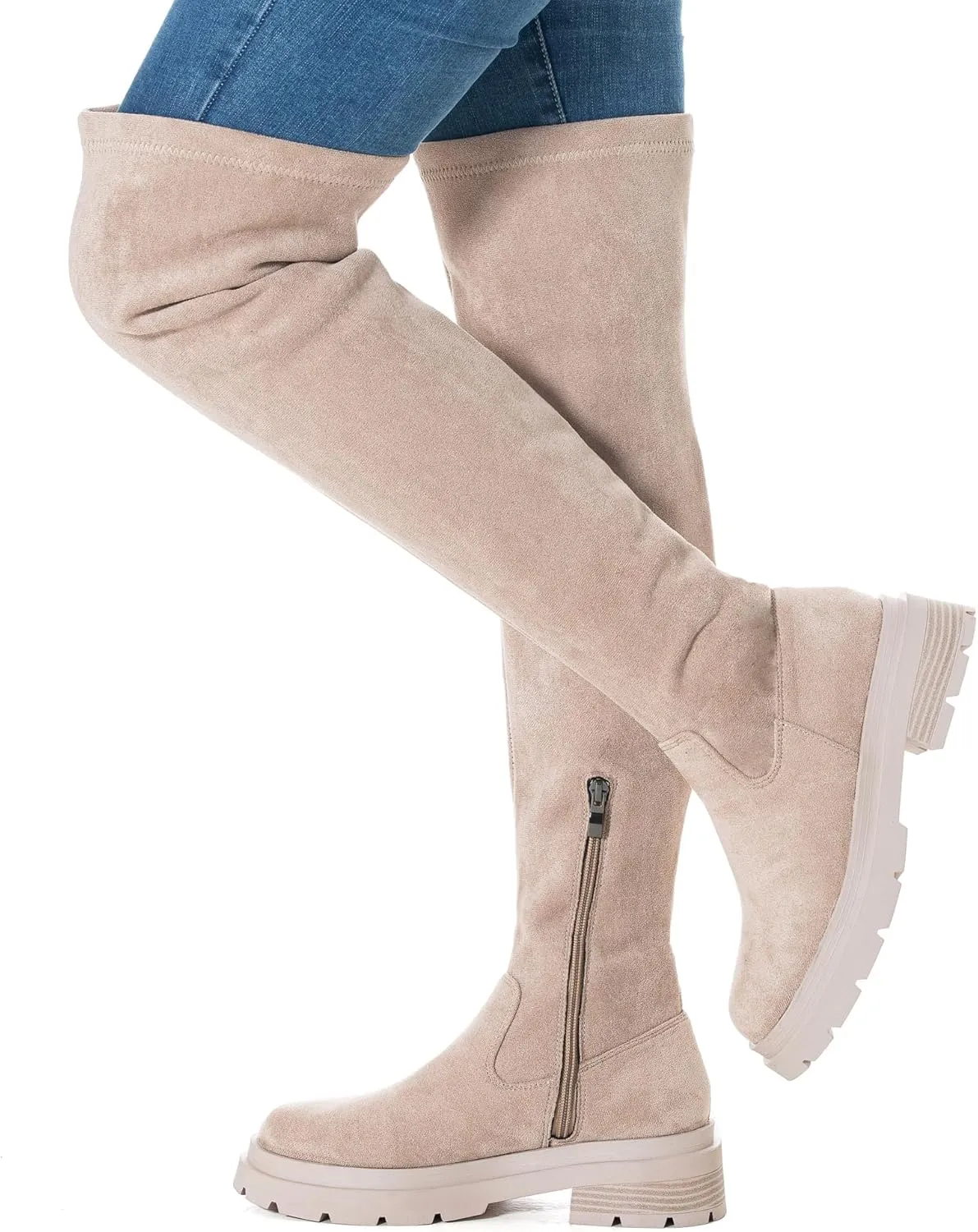 N.N.G Women Over the Knee Boots Low Heel Winter Block Suede Thigh High Chunky OTK Long Comfort