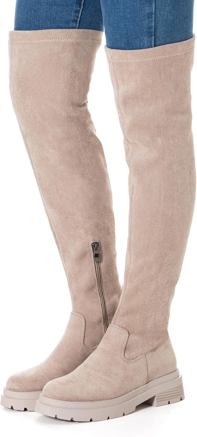 N.N.G Women Over the Knee Boots Low Heel Winter Block Suede Thigh High Chunky OTK Long Comfort
