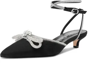 NobleOnly Rhinestone Bow Heels for Women Closed Pointed Toe Low Kitten Heel Pumps Adjustable Ankle Strap Wedding Bridal Dress Shoes 1.4 Inches Heels