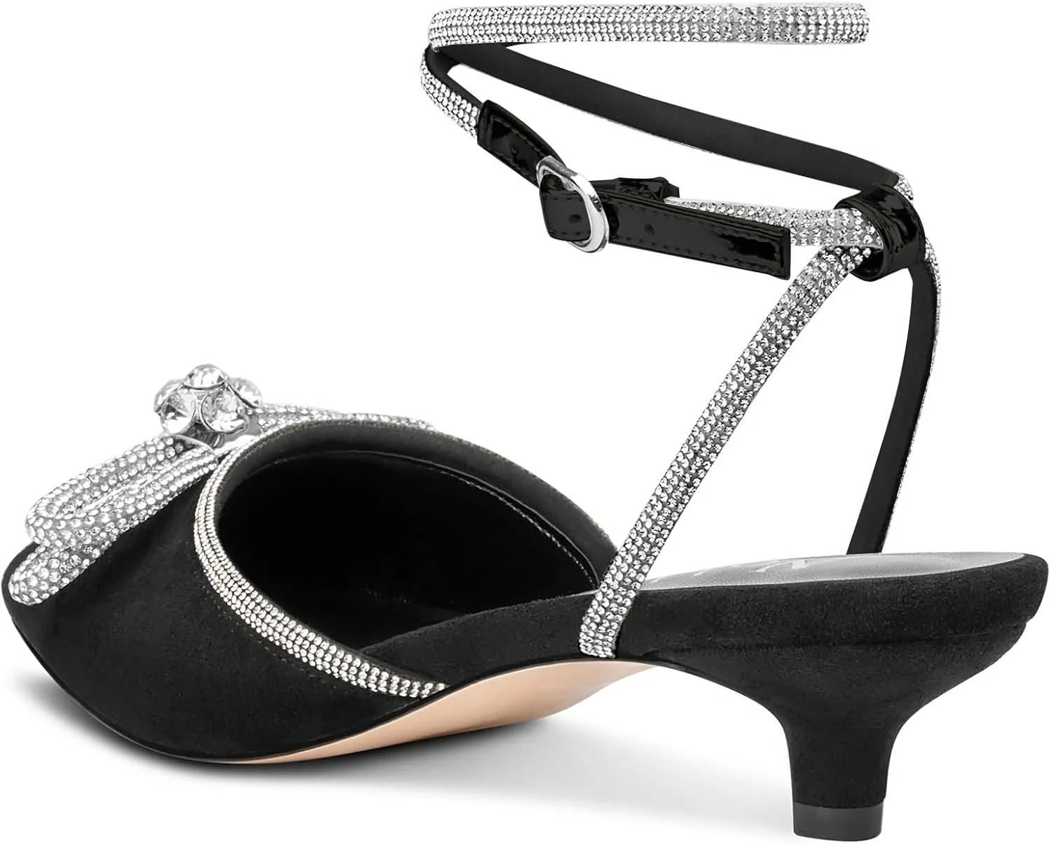 NobleOnly Rhinestone Bow Heels for Women Closed Pointed Toe Low Kitten Heel Pumps Adjustable Ankle Strap Wedding Bridal Dress Shoes 1.4 Inches Heels