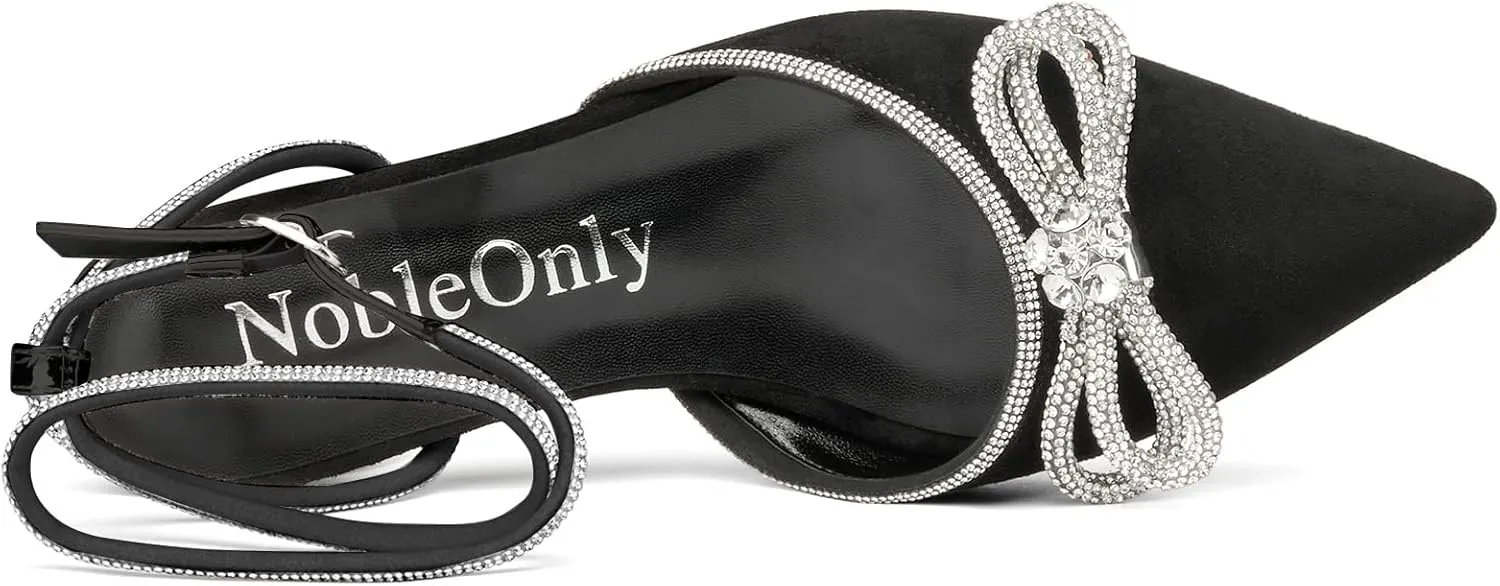 NobleOnly Rhinestone Bow Heels for Women Closed Pointed Toe Low Kitten Heel Pumps Adjustable Ankle Strap Wedding Bridal Dress Shoes 1.4 Inches Heels