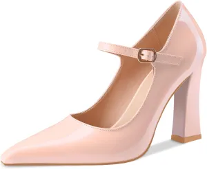 Oh Mispares Women’s Pointed Toe Pumps Mary Jane Chunky Heel Closed Toe Heels Adjustable Strap Elegant Wedding Prom Office 4 Inch Dress Shoes