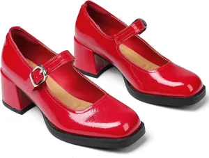 Oiamenne Mary Janes for Women Platform Chunky Heels Comfortable Square Toe Block Heels Dress Wedding Shoes