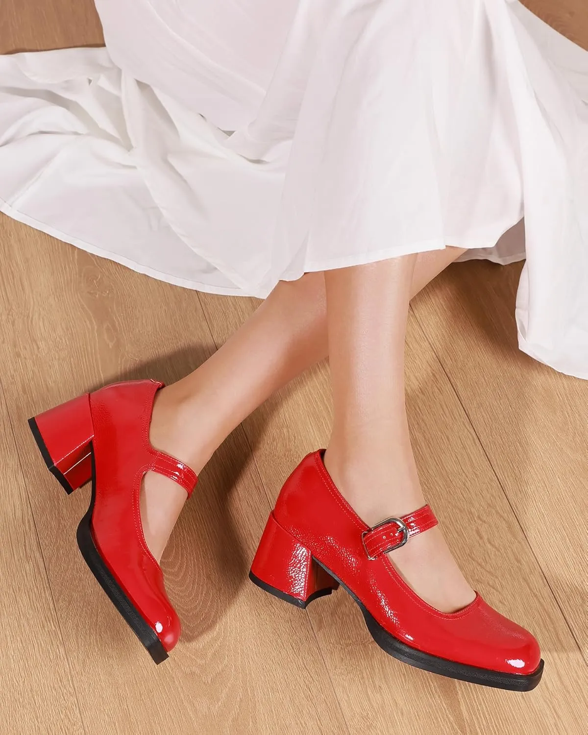 Oiamenne Mary Janes for Women Platform Chunky Heels Comfortable Square Toe Block Heels Dress Wedding Shoes