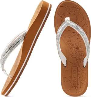 ONCAI Women's Flip Flops with Rhinestone, Arch Support Yoga Mat Comfort Walking Summer Beach Thong Sandals with Plantar Fasciitis Rubber Soles US Size 5-11