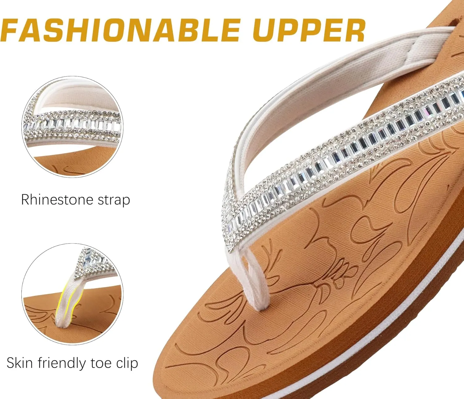 ONCAI Women's Flip Flops with Rhinestone, Arch Support Yoga Mat Comfort Walking Summer Beach Thong Sandals with Plantar Fasciitis Rubber Soles US Size 5-11