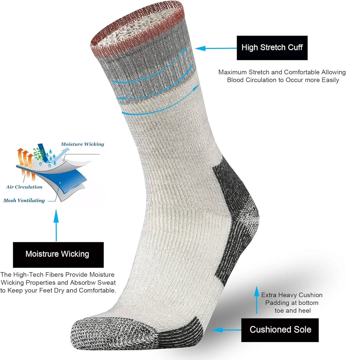 ONKE Merino Wool Cushion Crew Socks for Men Outdoor Hiking All Seasons Work Boot Heavy Thick Thermal Moisture Wicking Control