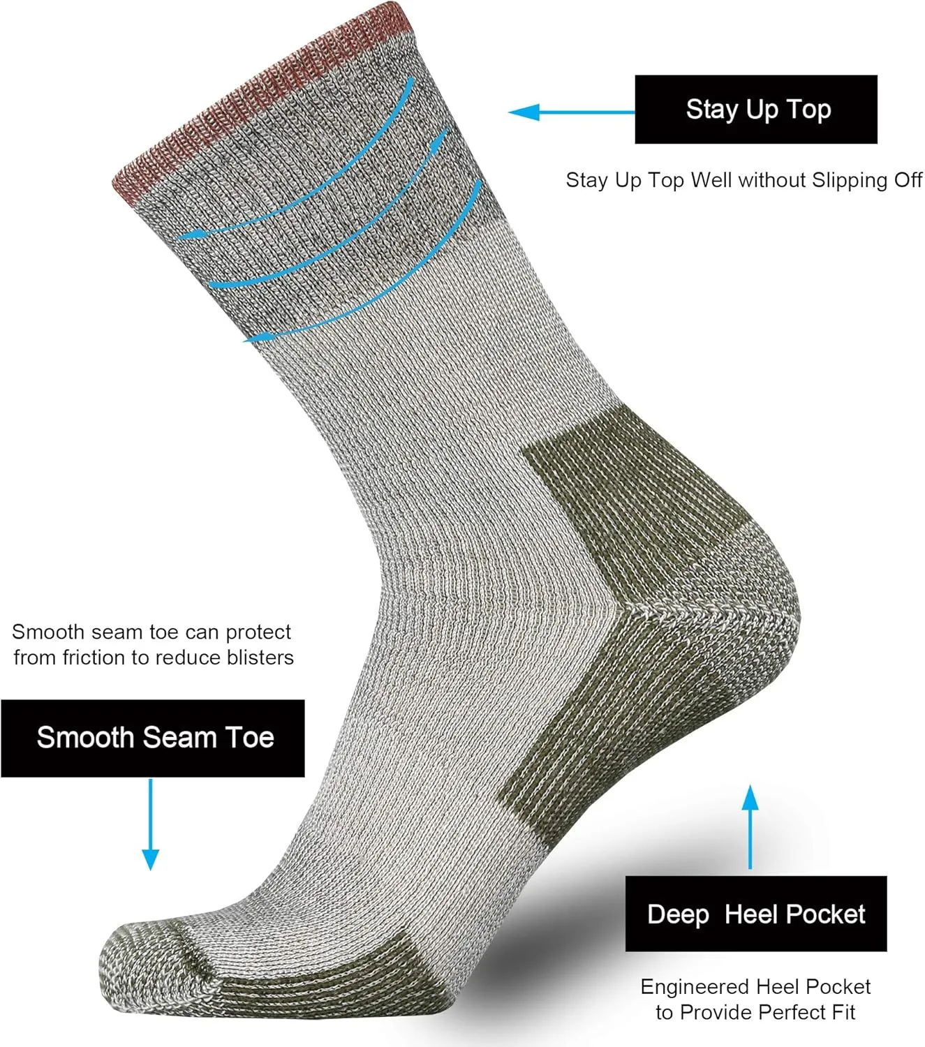 ONKE Merino Wool Cushion Crew Socks for Men Outdoor Hiking All Seasons Work Boot Heavy Thick Thermal Moisture Wicking Control
