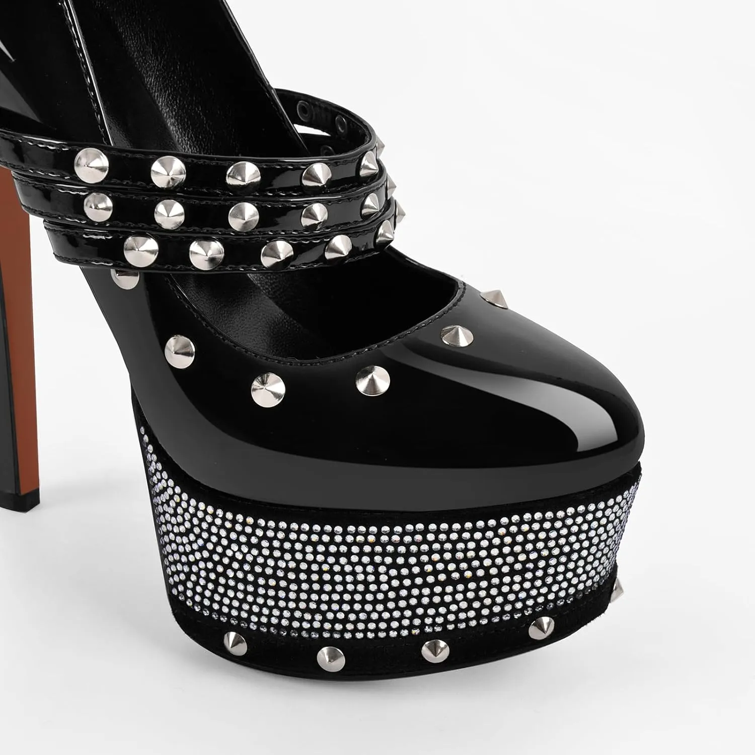 onlymaker Close Toe Stiletto Platform Mary Jane Pumps for Women Triple Buckle up Rivet Studded Strappy Party Shoes