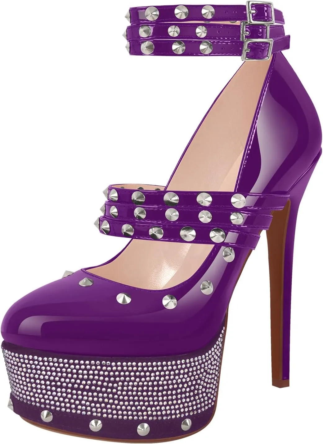 onlymaker Close Toe Stiletto Platform Mary Jane Pumps for Women Triple Buckle up Rivet Studded Strappy Party Shoes
