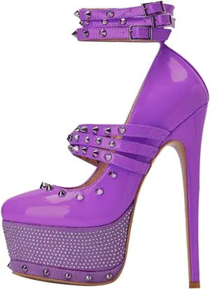 onlymaker Close Toe Stiletto Platform Mary Jane Pumps for Women Triple Buckle up Rivet Studded Strappy Party Shoes