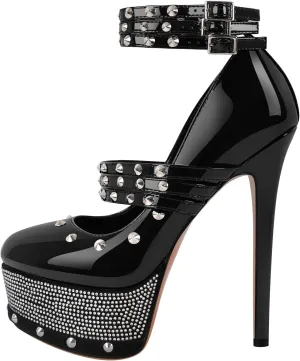 onlymaker Close Toe Stiletto Platform Mary Jane Pumps for Women Triple Buckle up Rivet Studded Strappy Party Shoes