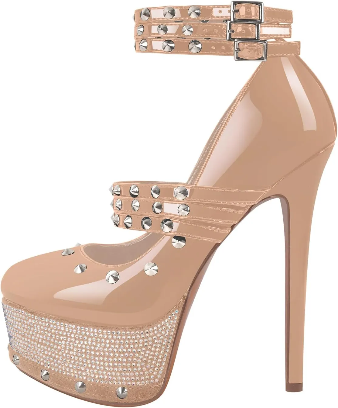onlymaker Close Toe Stiletto Platform Mary Jane Pumps for Women Triple Buckle up Rivet Studded Strappy Party Shoes