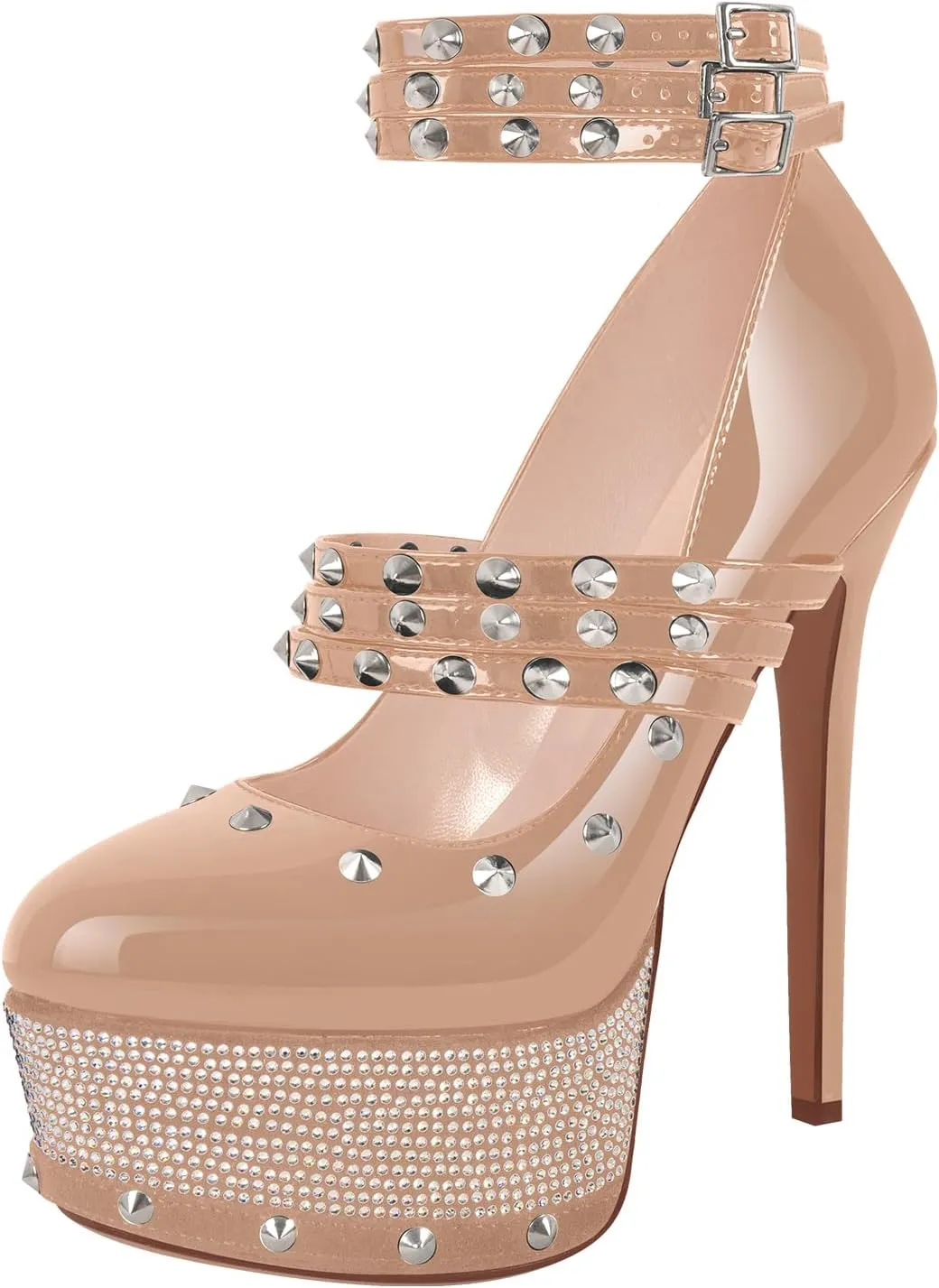 onlymaker Close Toe Stiletto Platform Mary Jane Pumps for Women Triple Buckle up Rivet Studded Strappy Party Shoes