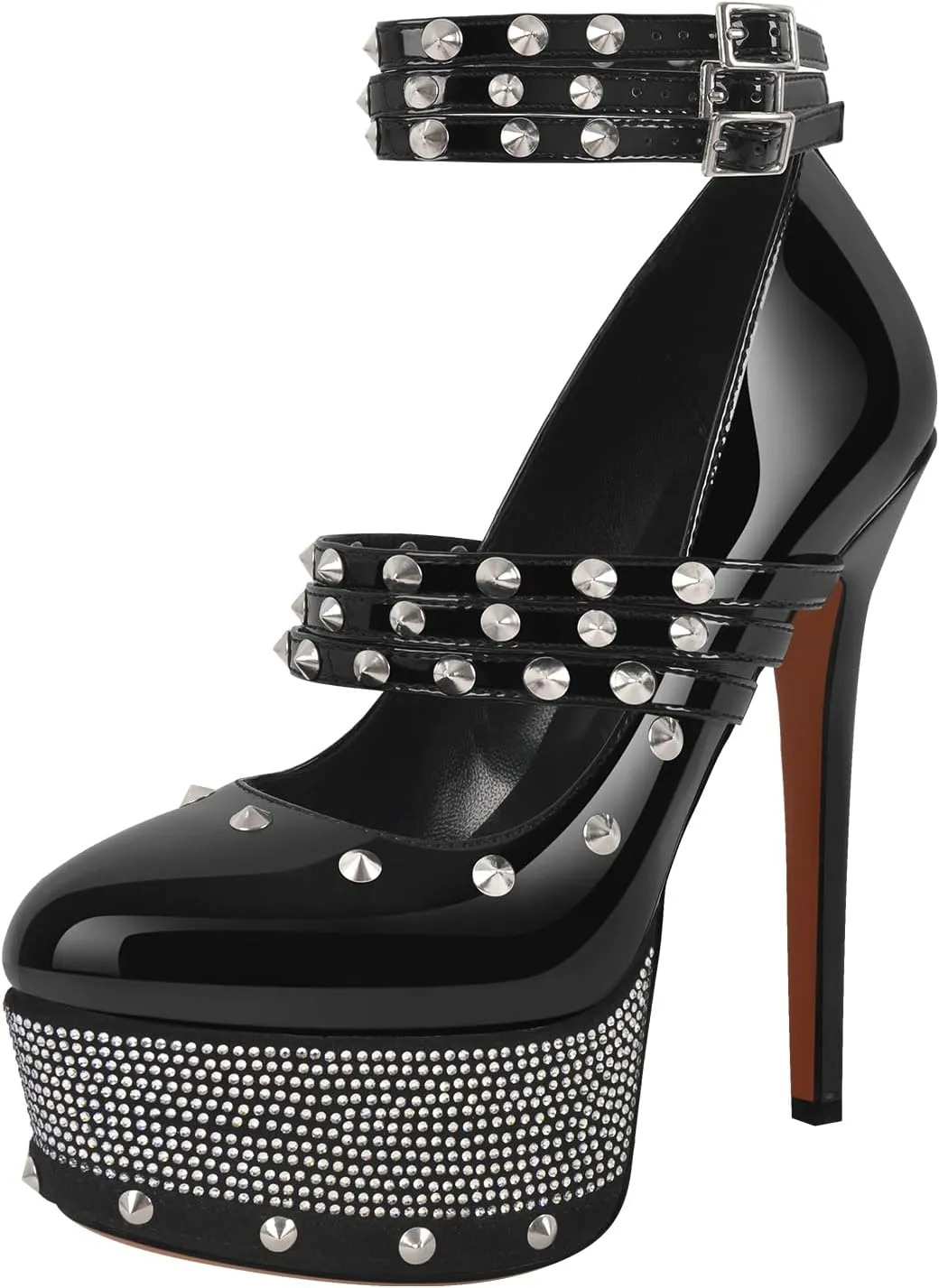 onlymaker Close Toe Stiletto Platform Mary Jane Pumps for Women Triple Buckle up Rivet Studded Strappy Party Shoes