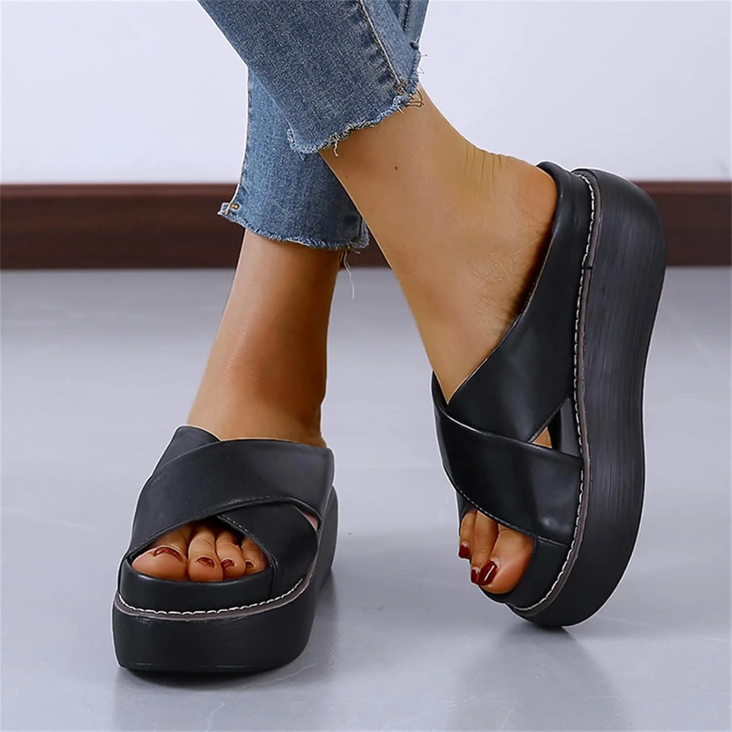 ORNVEION Women's Leather Platform Wedge Heel Sandals,Comfy Soft Fashion Open Toe Slip-on Casual Outdoor Beach Slipper
