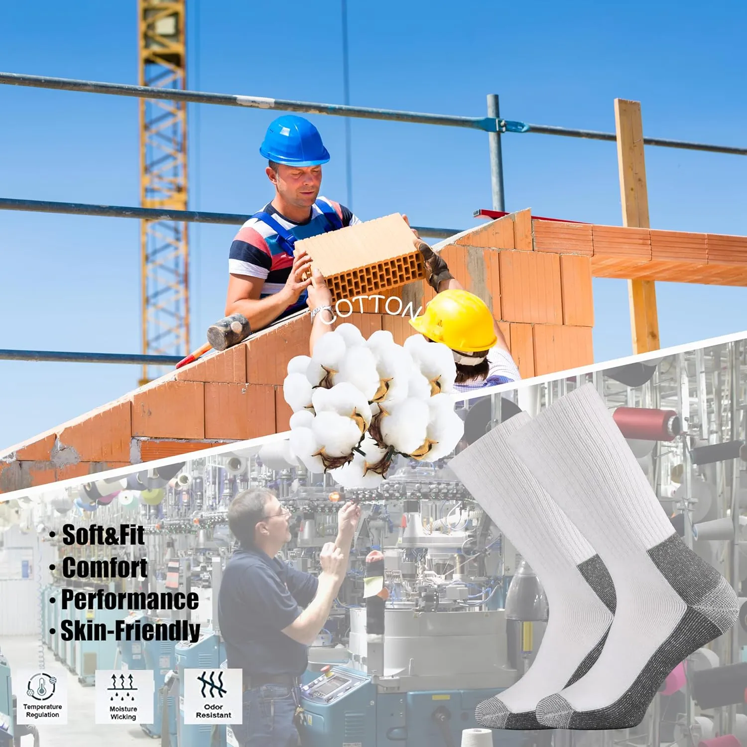 Ortis Men's Cotton Cushion Crew Socks Moisture Wicking Breathable Thick Warm Thermal for Athletic Heavy Duty Work Boot