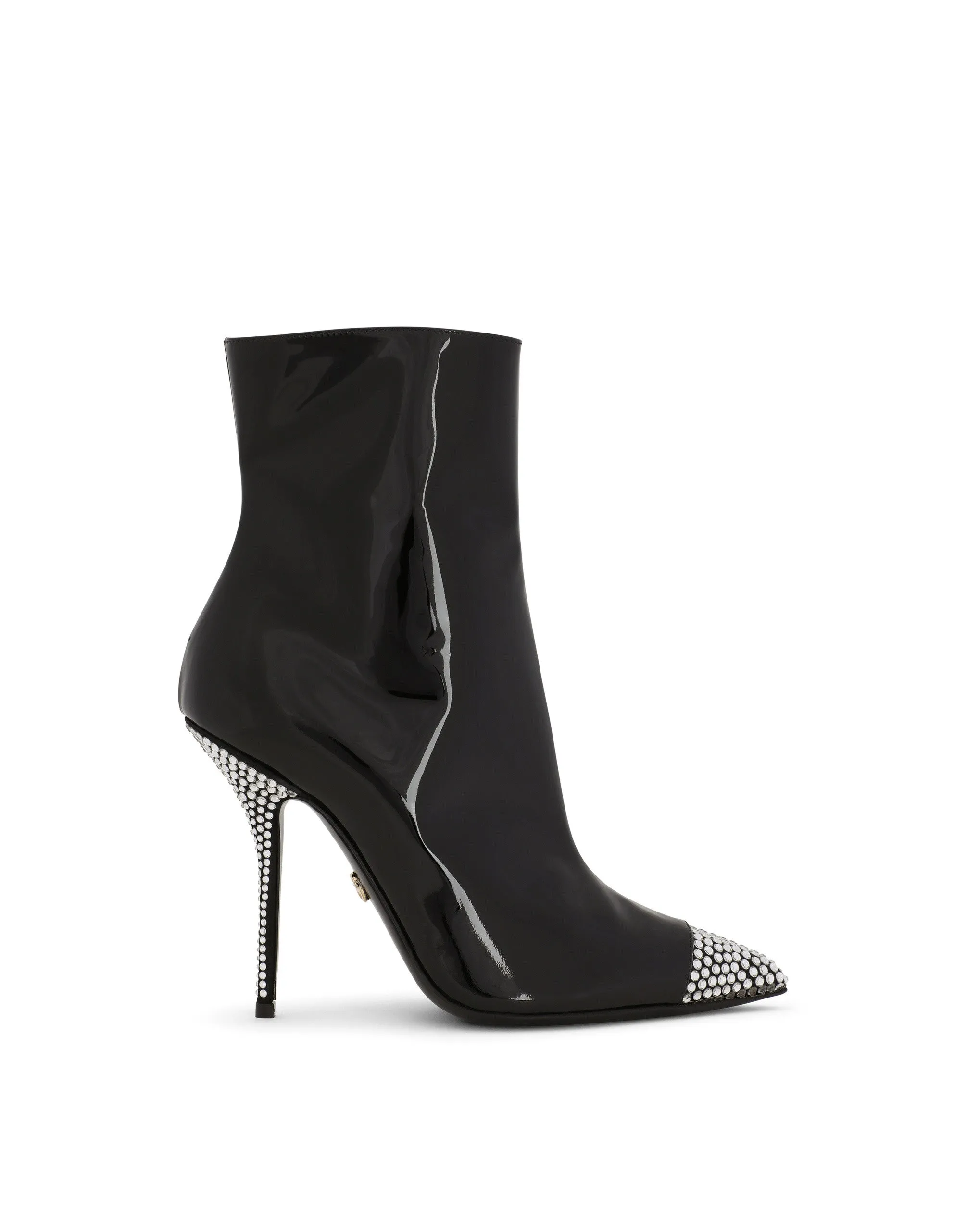Patent leather ankle boots with fusible rhinestones