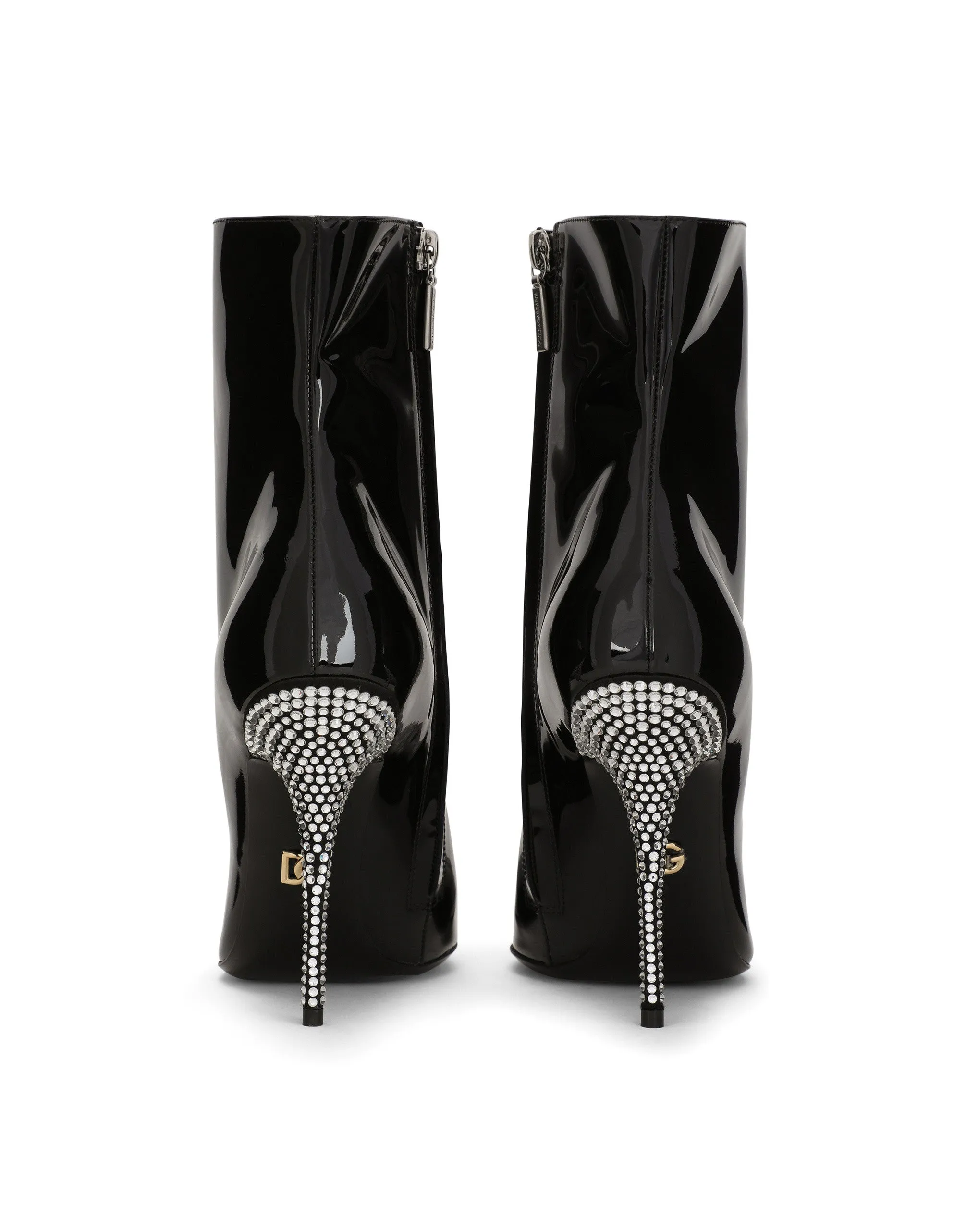 Patent leather ankle boots with fusible rhinestones
