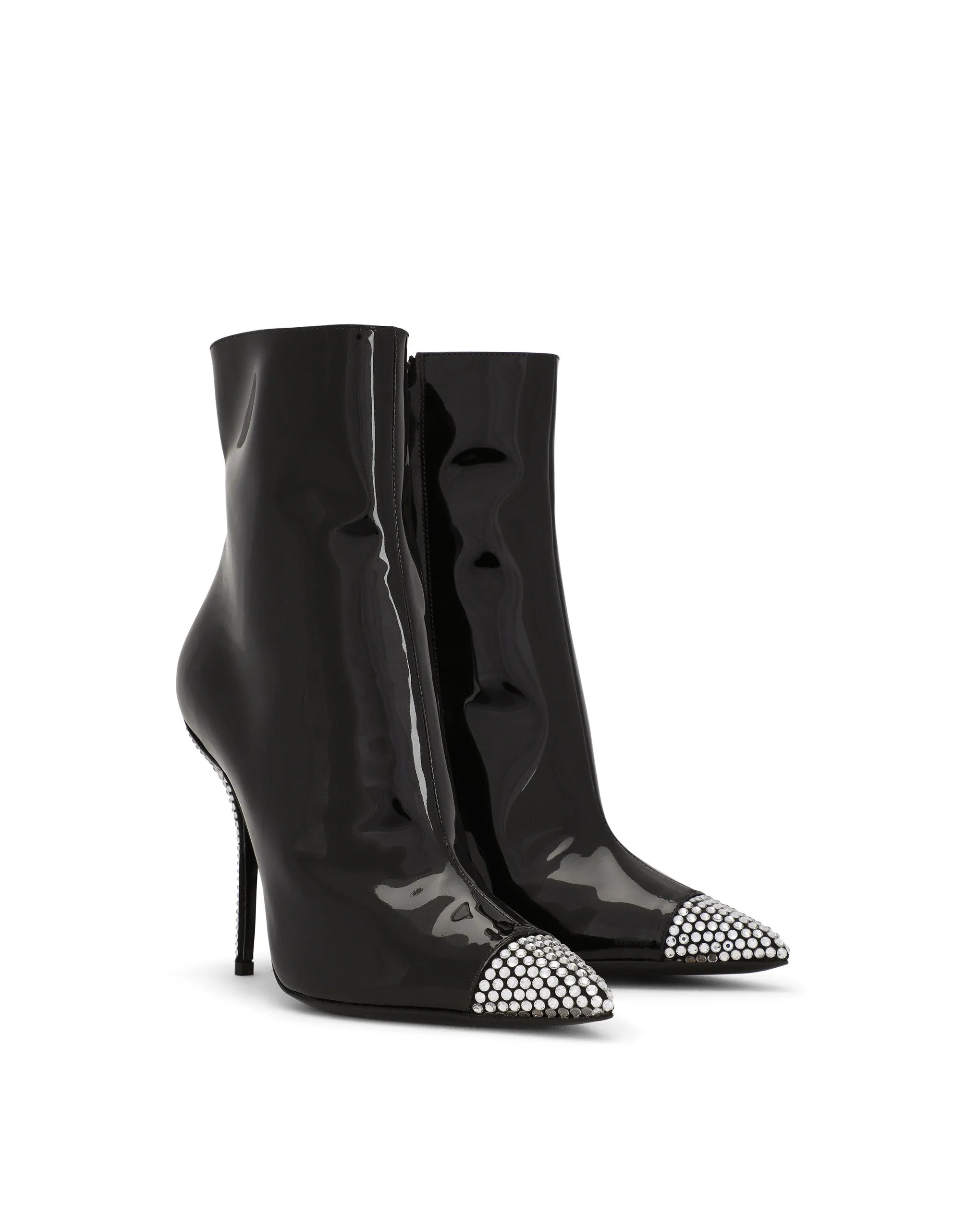 Patent leather ankle boots with fusible rhinestones