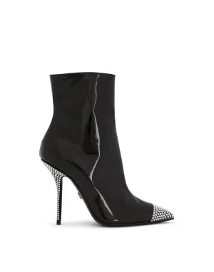 Patent leather ankle boots with fusible rhinestones