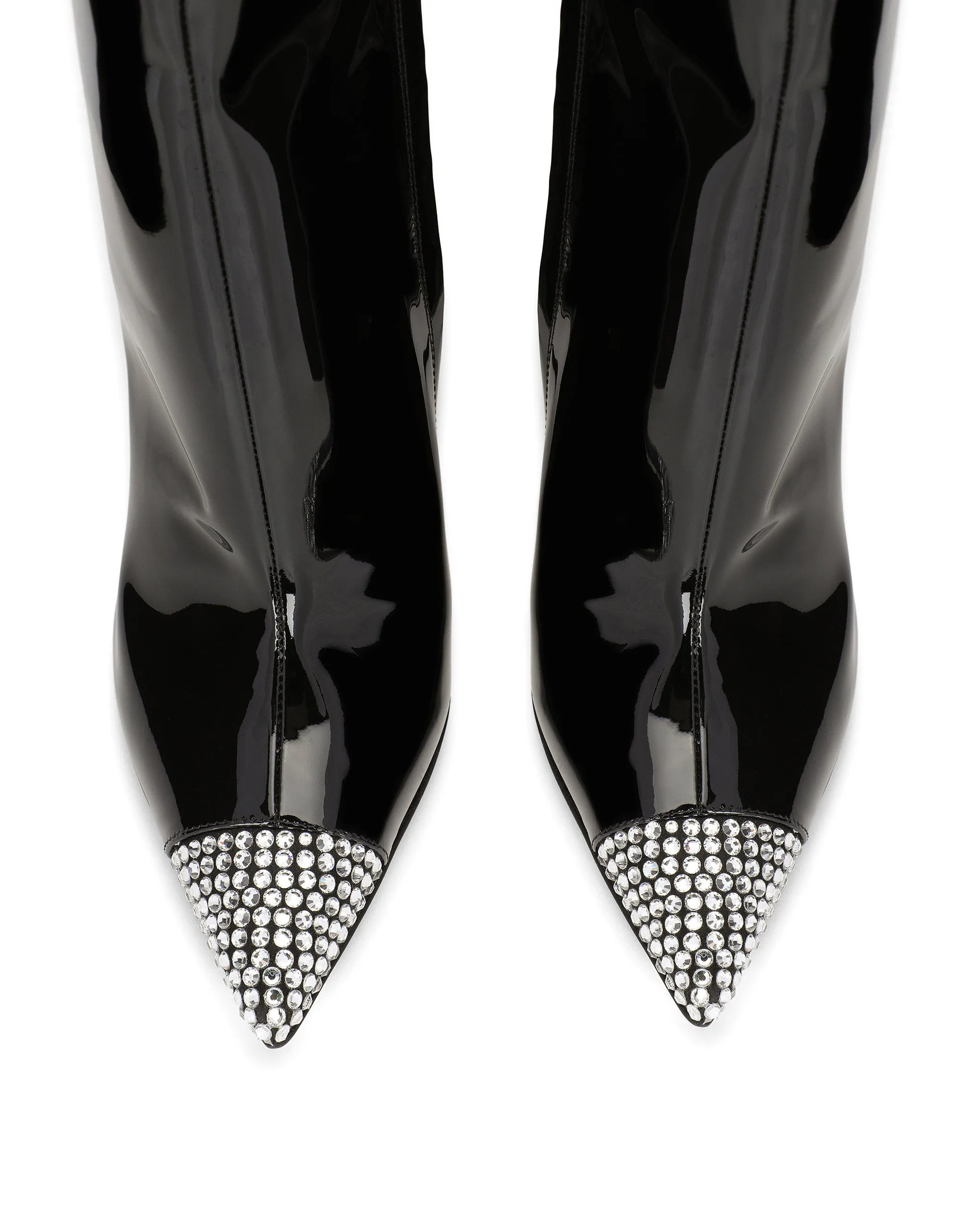 Patent leather ankle boots with fusible rhinestones