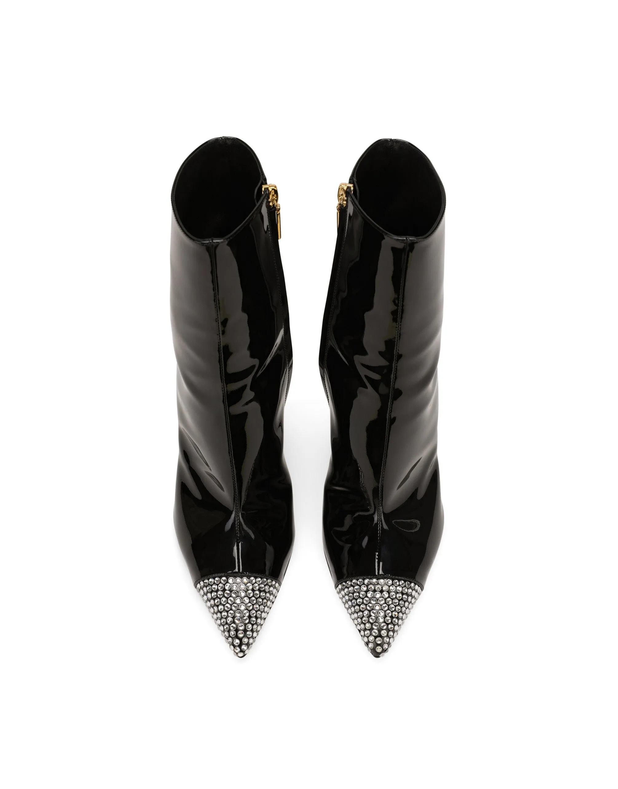 Patent leather ankle boots with fusible rhinestones