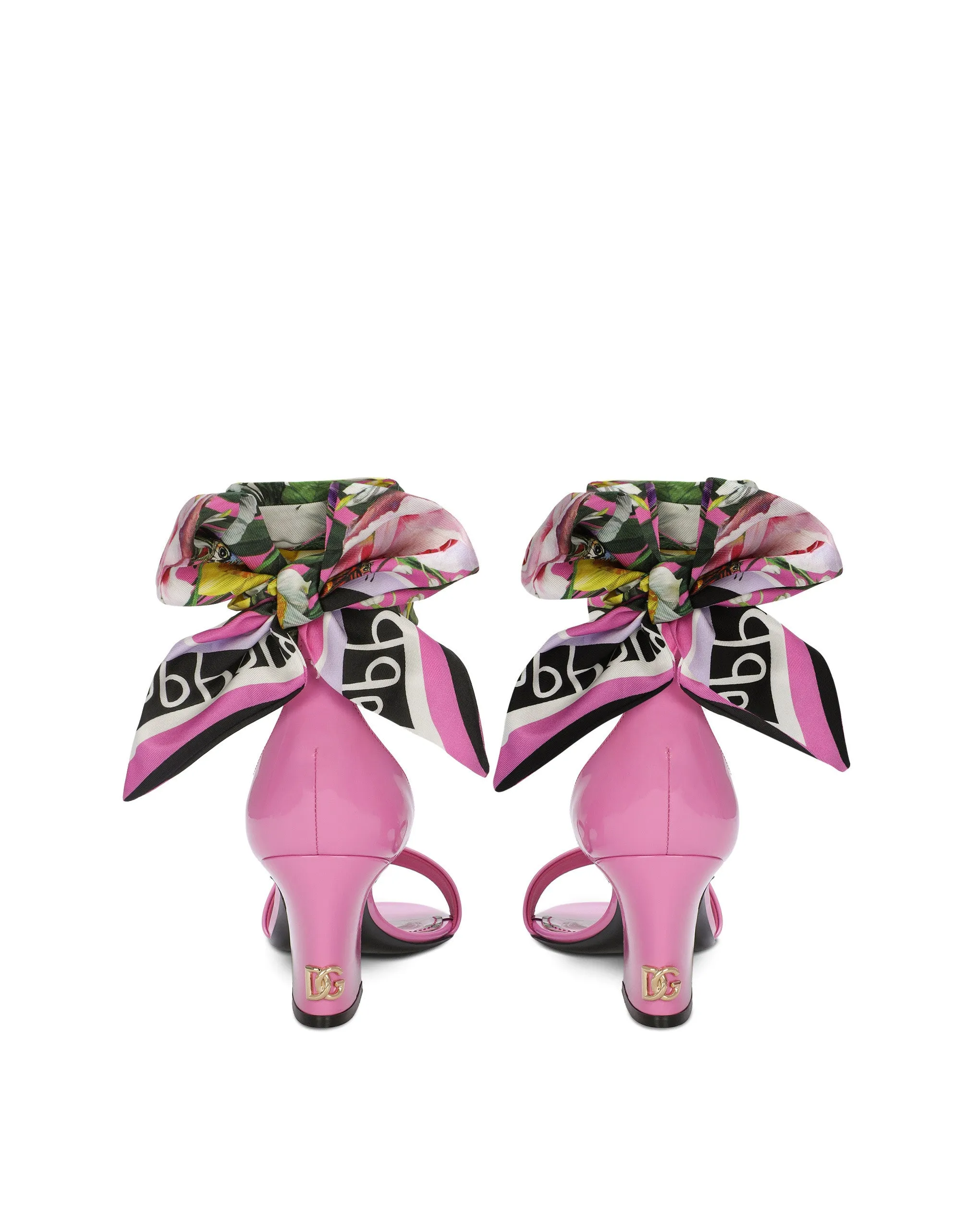 Patent leather sandals with printed fabric and DG logo