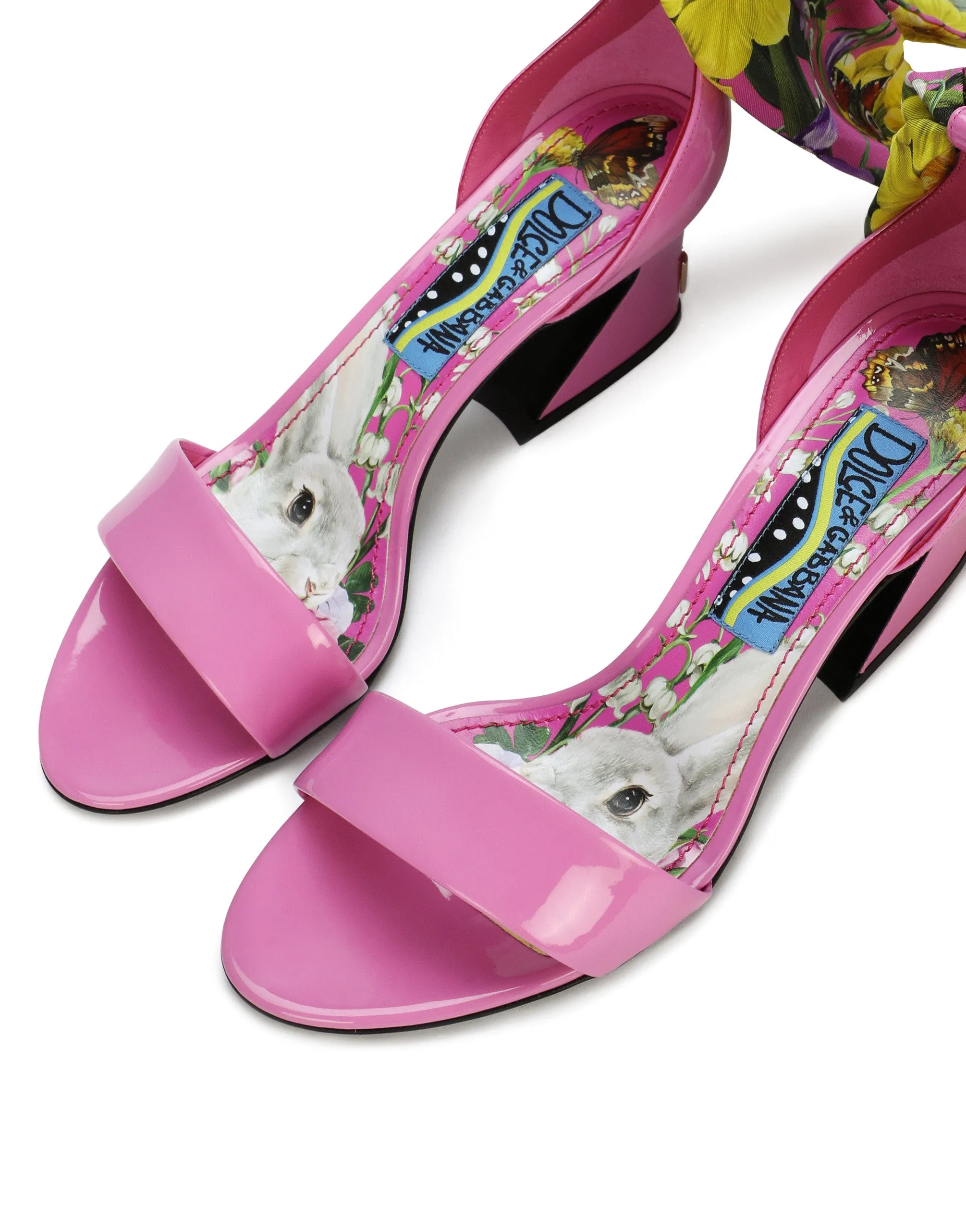 Patent leather sandals with printed fabric and DG logo