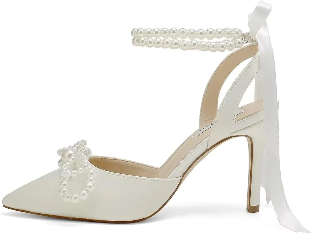 Pearl Wedding Shoes for Bride High Heel Bridal Shoes Closed Toe Wedding Heels