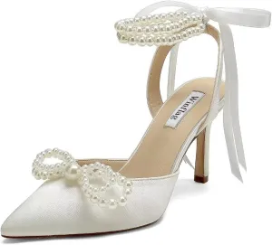 Pearl Wedding Shoes for Bride High Heel Bridal Shoes Closed Toe Wedding Heels