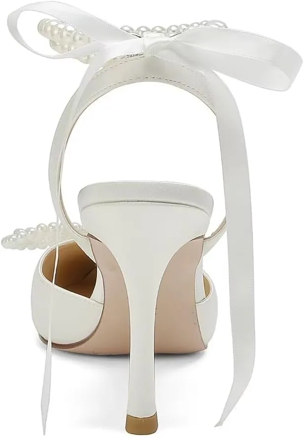 Pearl Wedding Shoes for Bride High Heel Bridal Shoes Closed Toe Wedding Heels