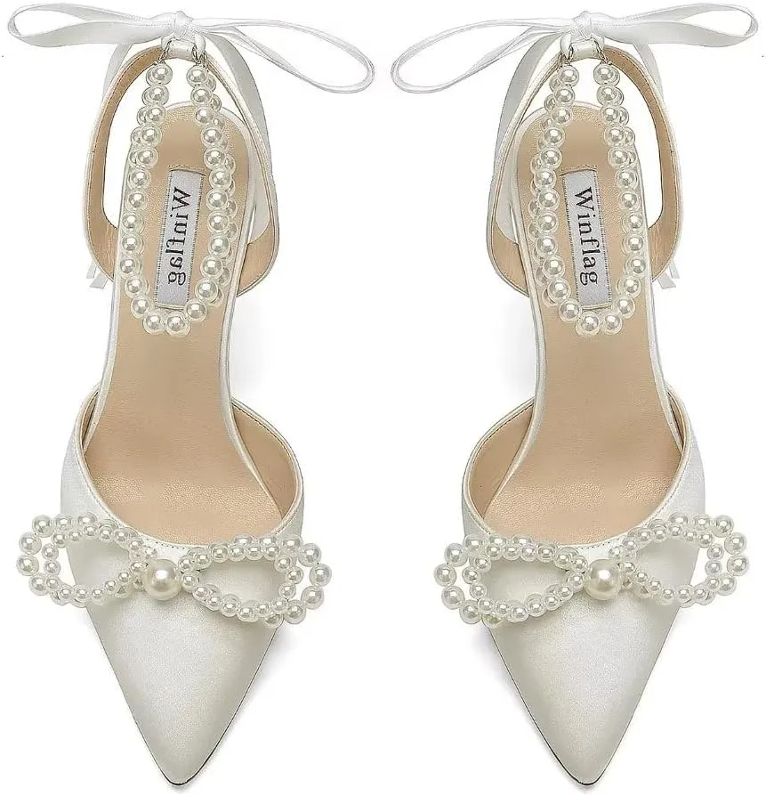 Pearl Wedding Shoes for Bride High Heel Bridal Shoes Closed Toe Wedding Heels