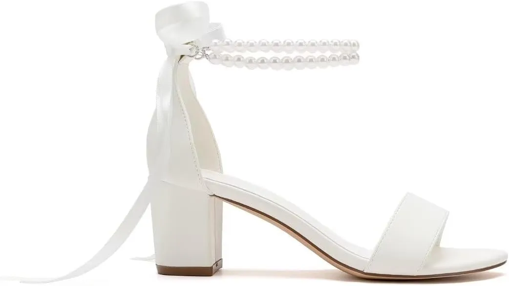 Pearl Wedding Shoes Open Toe Block Heel Wedding Sandals Chunky Heel Bridal Shoes