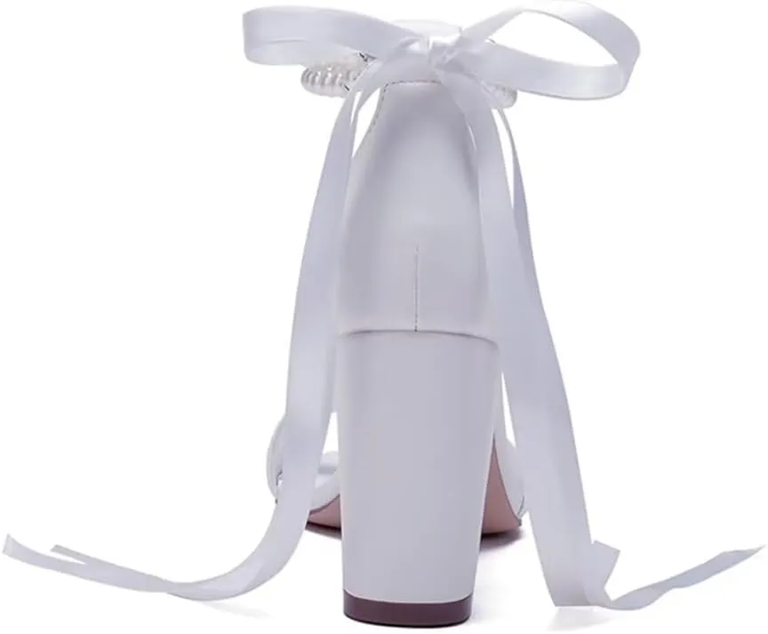 Pearl Wedding Shoes Open Toe Block Heel Wedding Sandals Chunky Heel Bridal Shoes