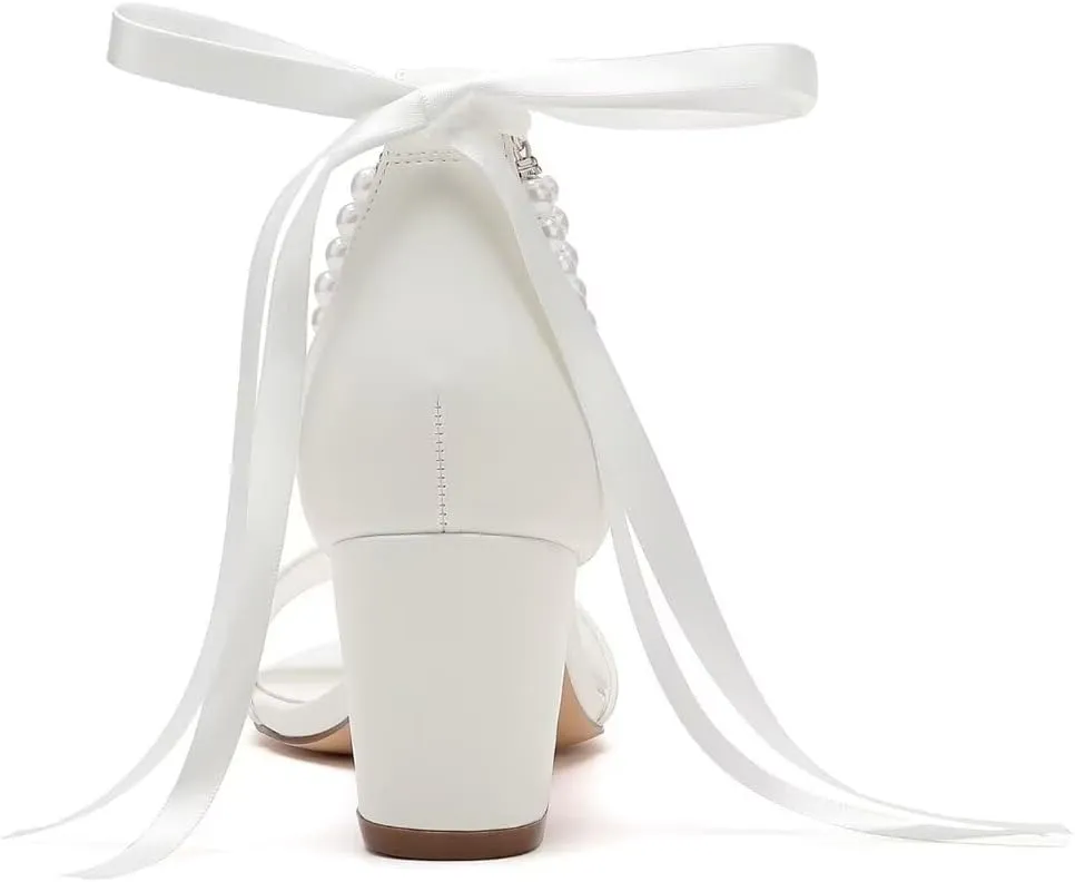 Pearl Wedding Shoes Open Toe Block Heel Wedding Sandals Chunky Heel Bridal Shoes
