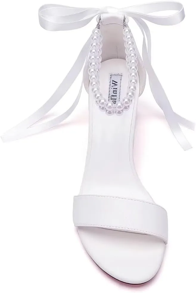 Pearl Wedding Shoes Open Toe Block Heel Wedding Sandals Chunky Heel Bridal Shoes