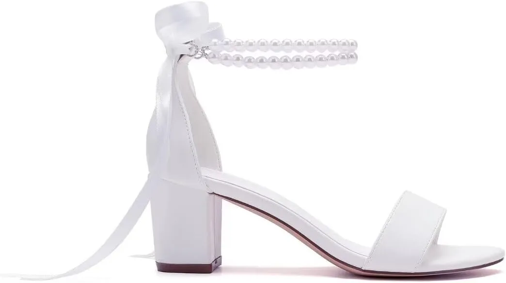 Pearl Wedding Shoes Open Toe Block Heel Wedding Sandals Chunky Heel Bridal Shoes