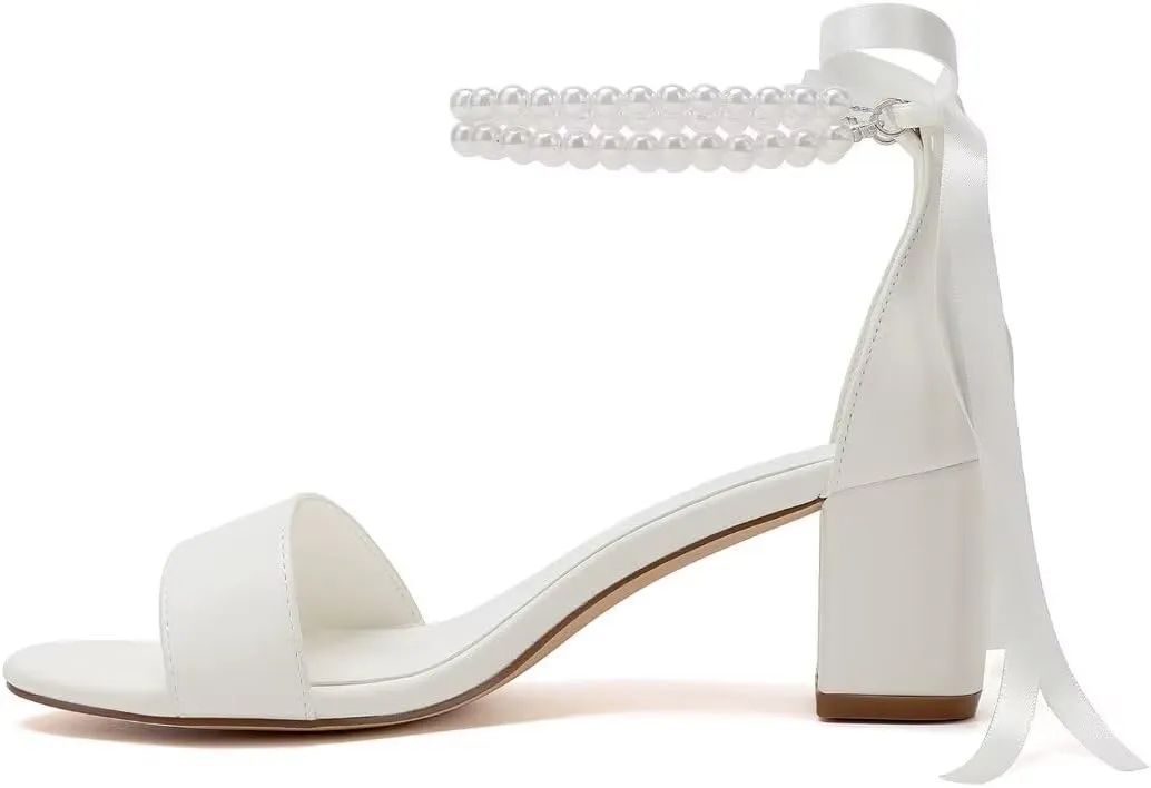 Pearl Wedding Shoes Open Toe Block Heel Wedding Sandals Chunky Heel Bridal Shoes