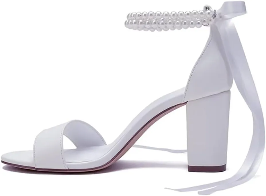 Pearl Wedding Shoes Open Toe Block Heel Wedding Sandals Chunky Heel Bridal Shoes