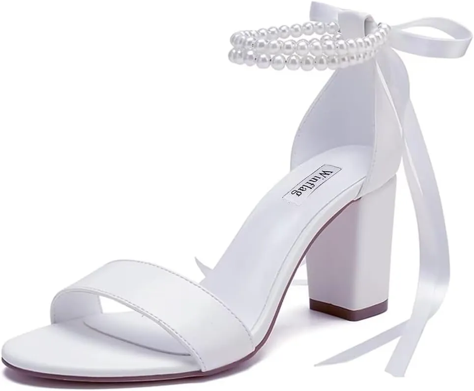 Pearl Wedding Shoes Open Toe Block Heel Wedding Sandals Chunky Heel Bridal Shoes